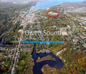 Vista of Owen Sound with The Glassworks development circled in red